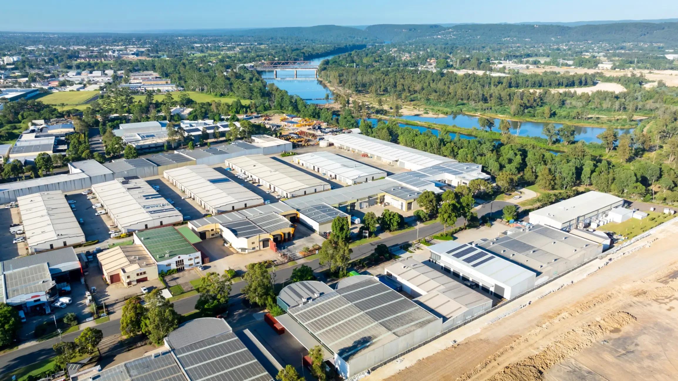 Drone aerial photograph of industrial buildings