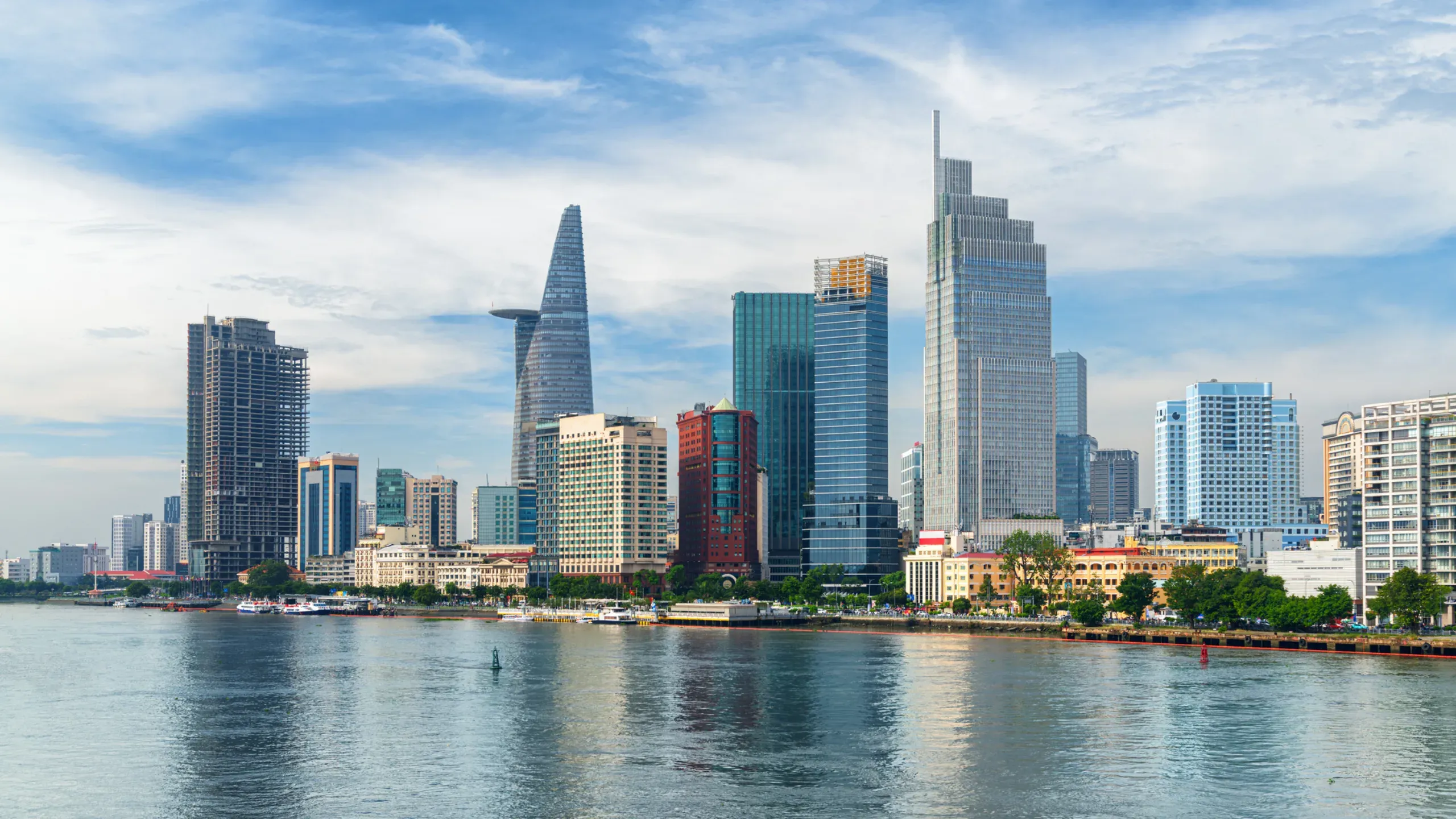 Ho Chi Minh City skyline with skyscrapers and the Saigon River