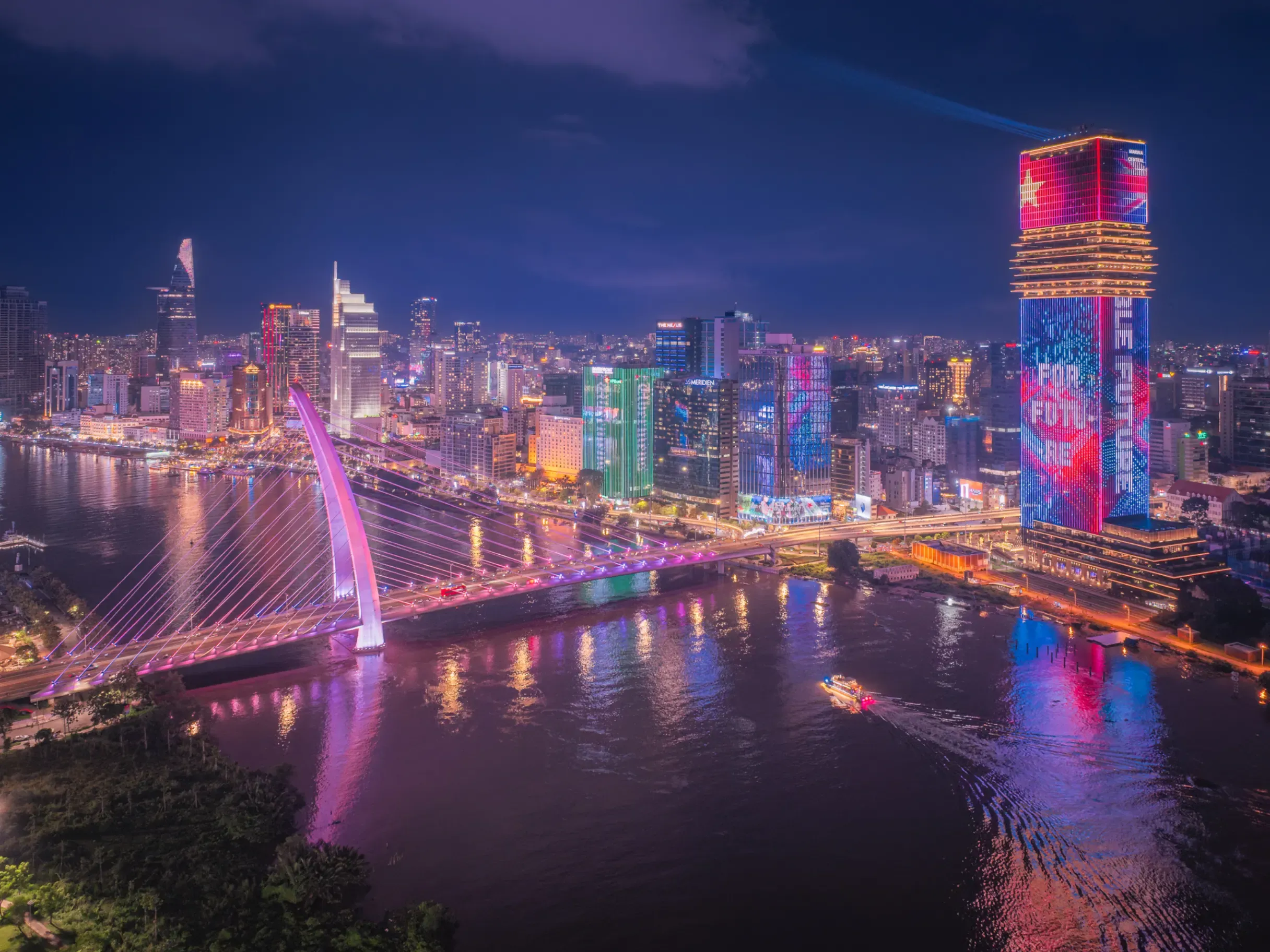 Aerial view of night cityscape in central of Ho Chi Minh city, Vietnam