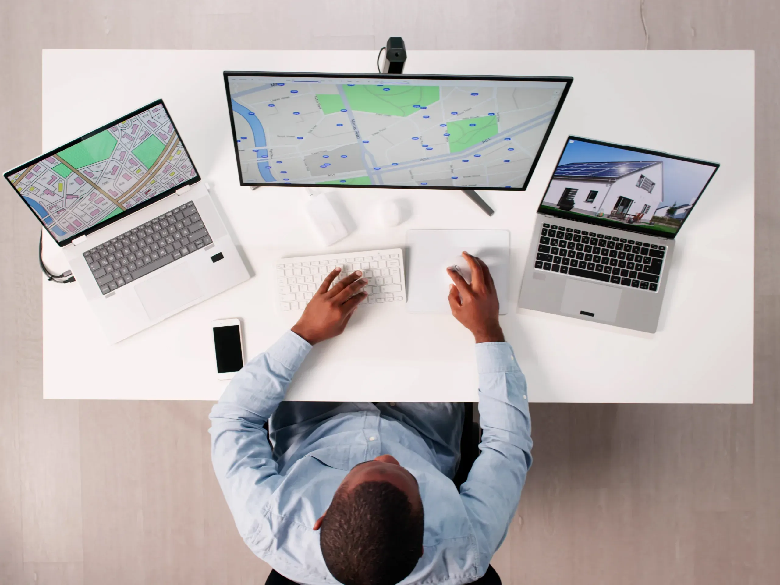Aerial view of worker at desk in front of numerous computer screens
