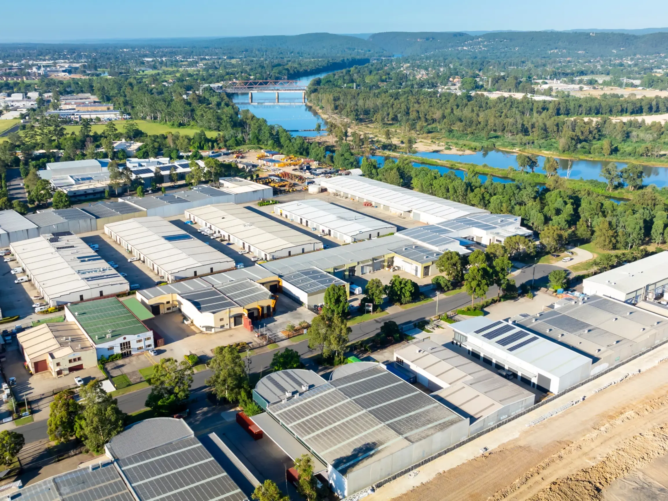 Drone aerial photograph of industrial buildings