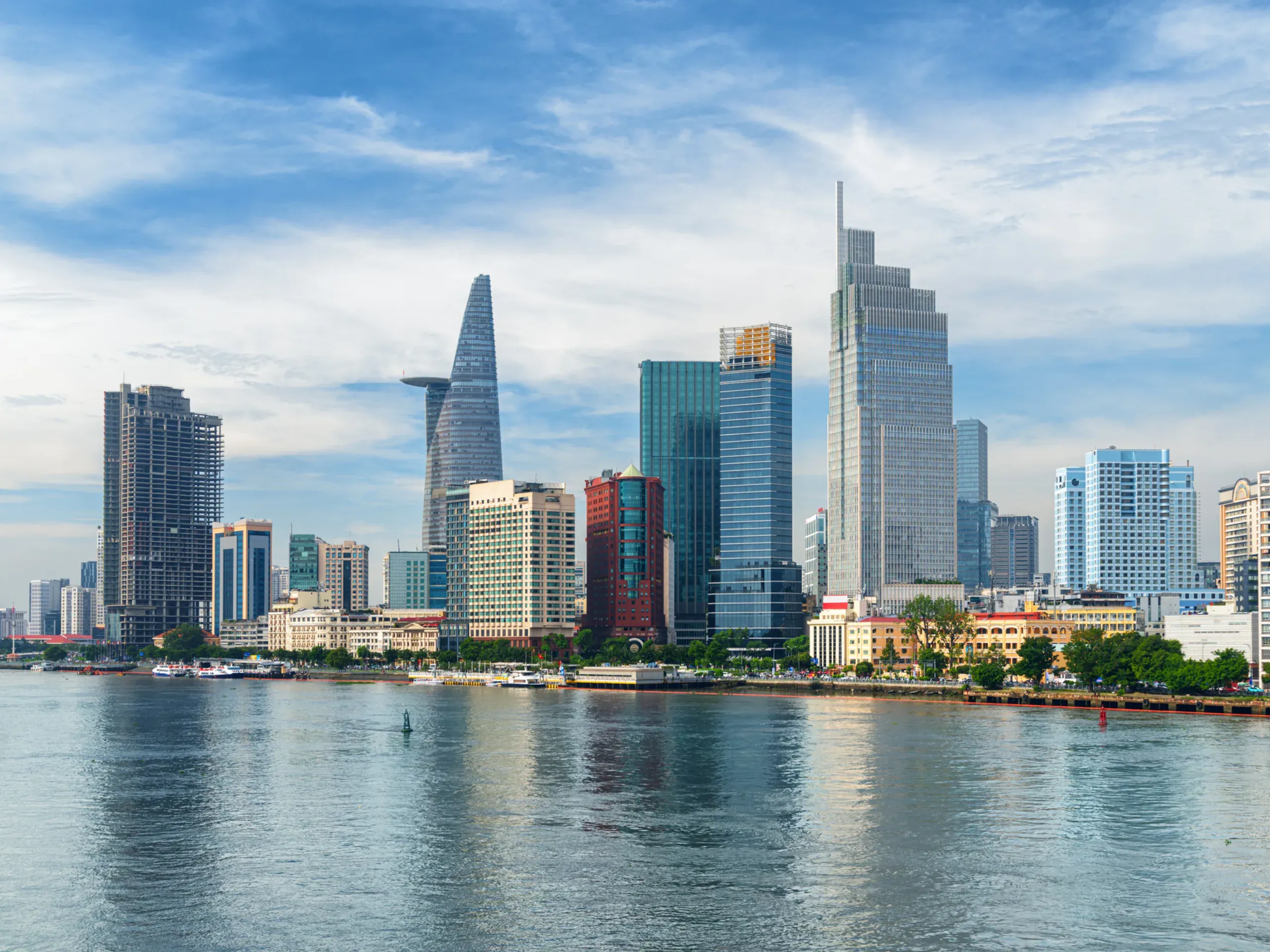 Ho Chi Minh City skyline with skyscrapers and the Saigon River